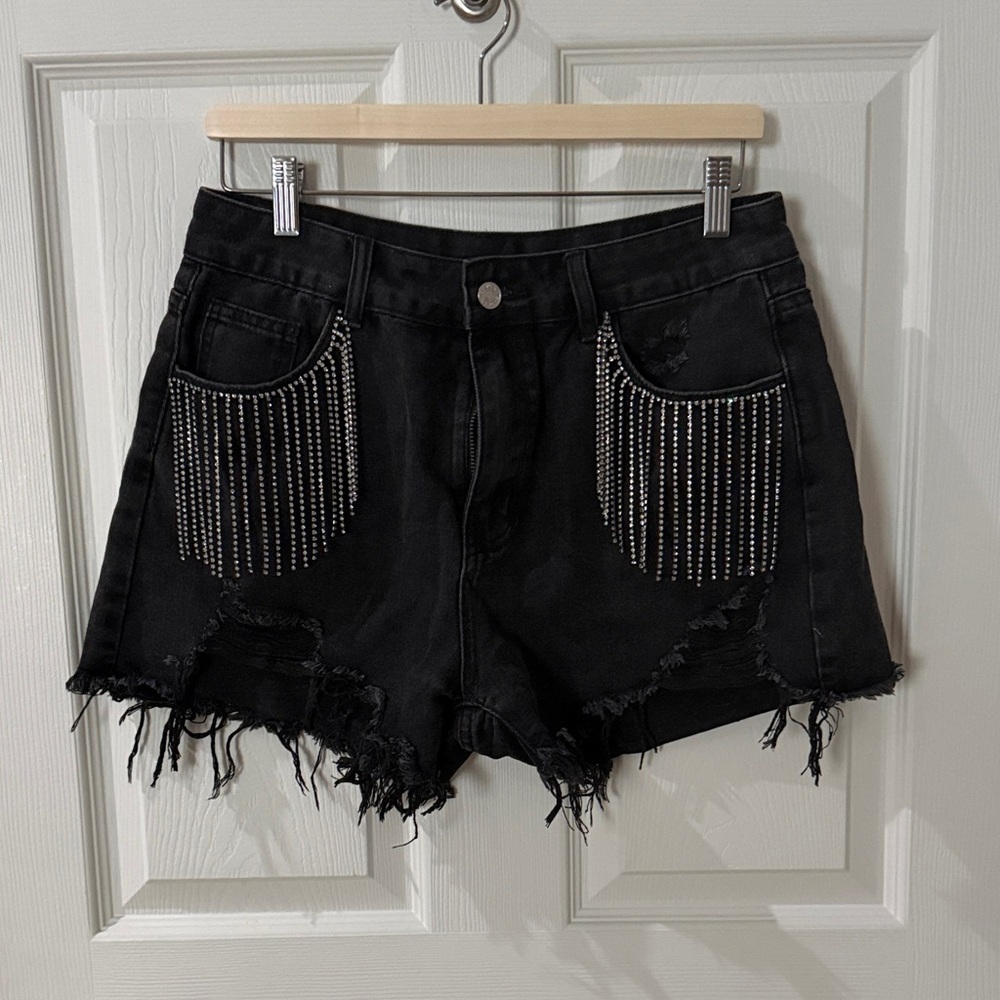 Black Distressed Denim Shorts with Rhinestone Fringe Pockets large 8/10